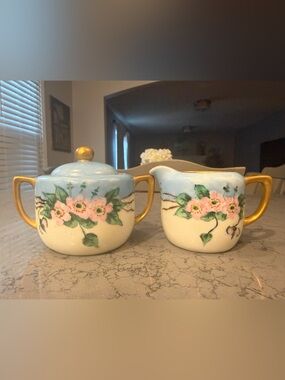 Antique Nippon Hand Painted Wild Rose Creamer & Sugar Bowl Set M in Wreath 1911